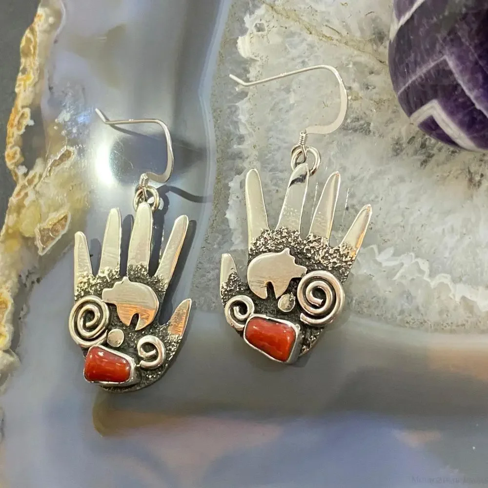 Alex Sanchez Sterling Silver Ancestors Hand Petroglyph W/Coral Dangle Earrings 2 - Picture 5 of 10